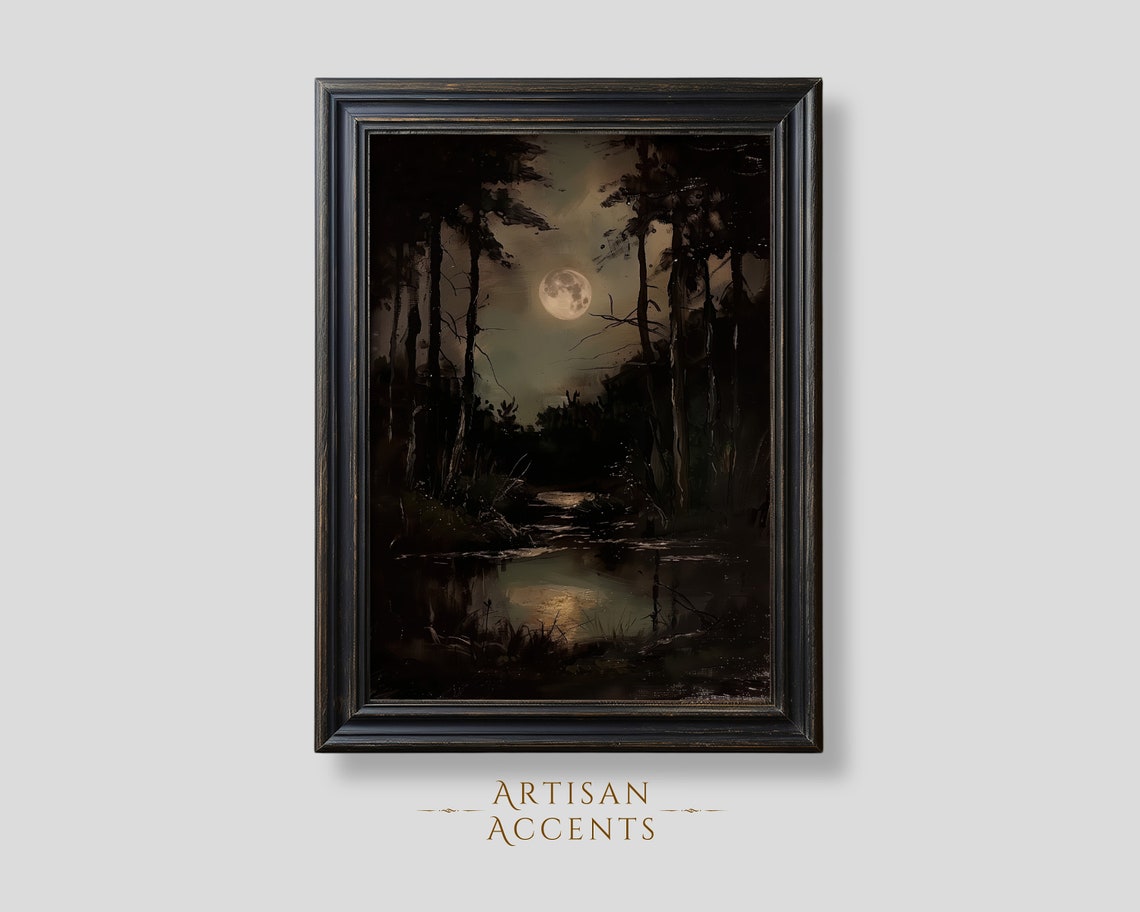 Moonlit Dark Forest Pond Gothic Moody Landscape Oil Painting Print