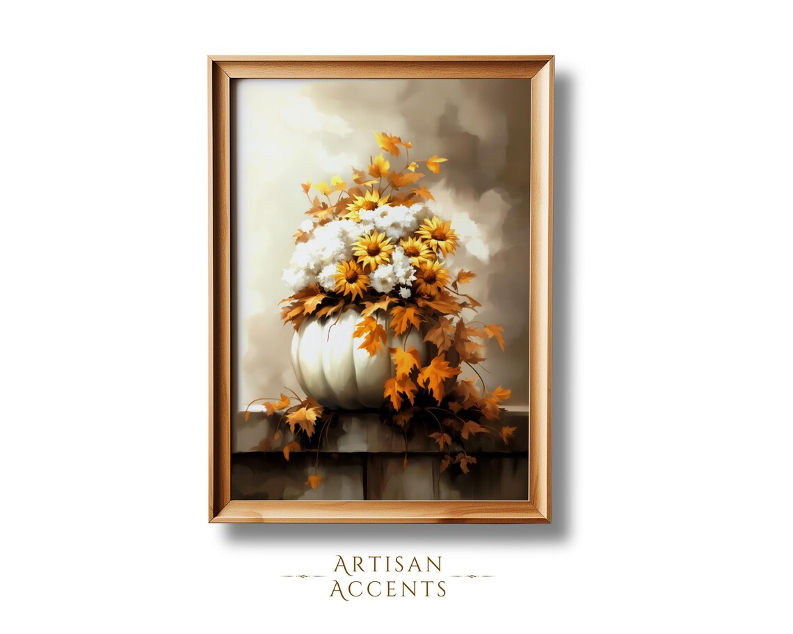 Autumn Pumpkin Vase Sunflowers Fall Leaves White Blooms Floral Art Poster - Image 4