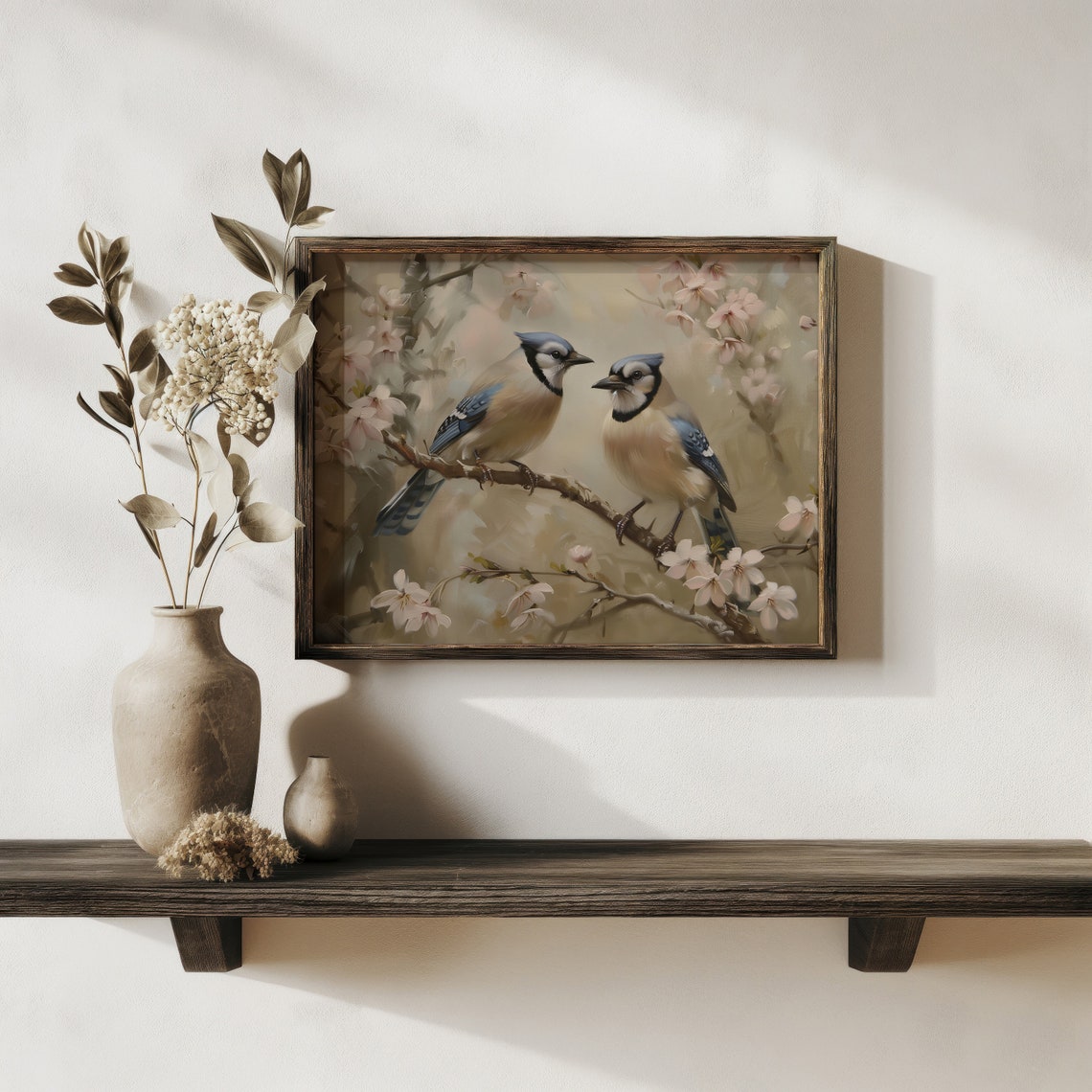 Blue Jays Cherry Blossom Branch Pair Spring Birds Painting Art Print - Image 2