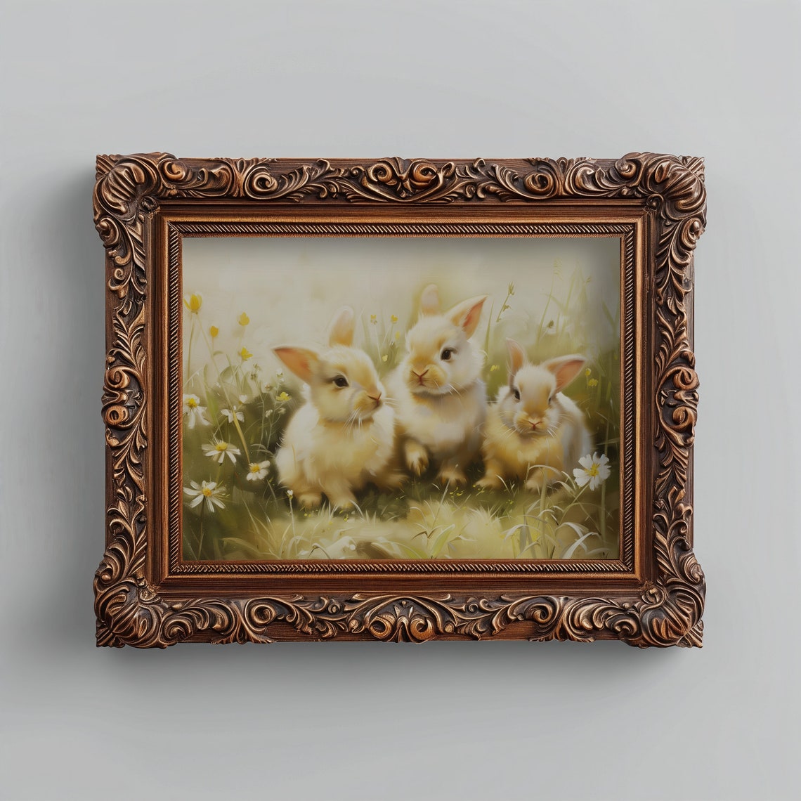 Three Baby Bunnies In Wildflower Meadow Spring Oil Painting Wall Art - Image 4