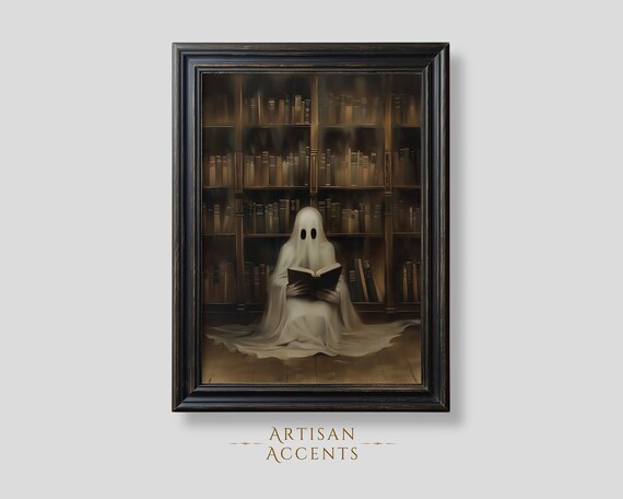 Cute Ghost Reading Book Library Dark Academia Halloween Oil Painting Poster