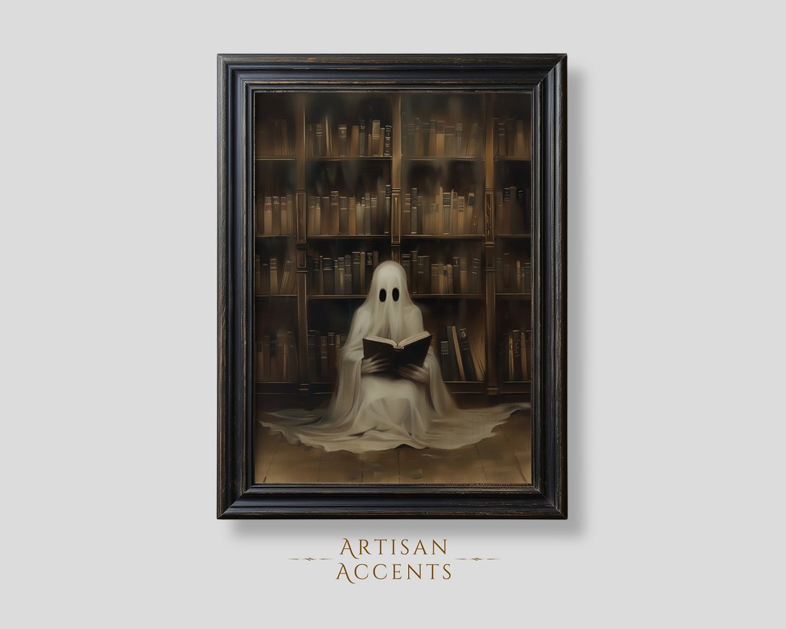 Cute Ghost Library Halloween Oil Painting Wall Decor Art Print Home Decor Jpeg Artwork Gothic Decoration