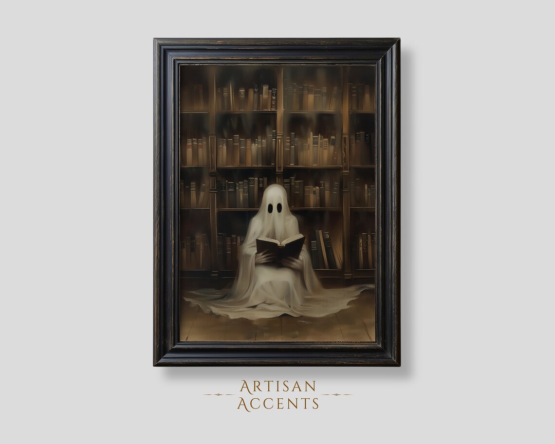 Cute Ghost Reading Book Library Dark Academia Halloween Oil Painting Poster