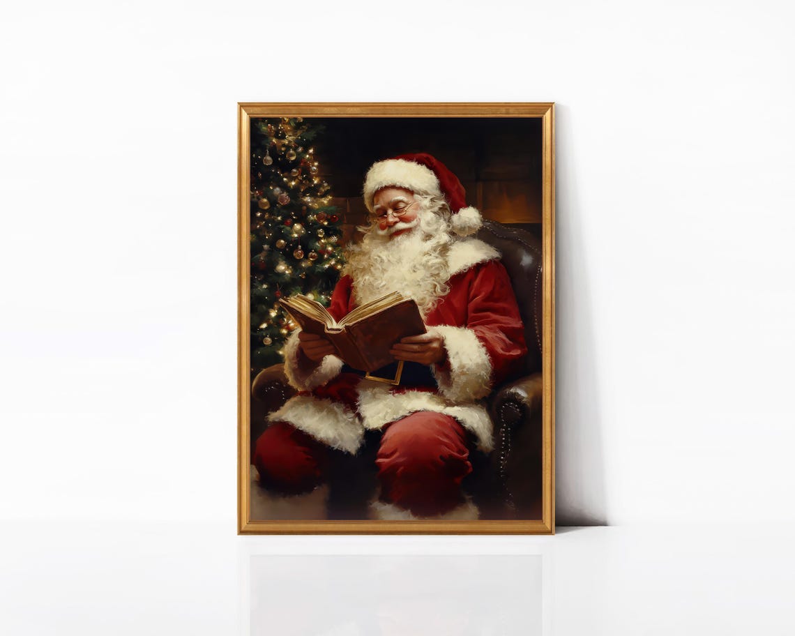 Santa Claus Reading Book Fireside Armchair Christmas Tree Night Print - Image 2