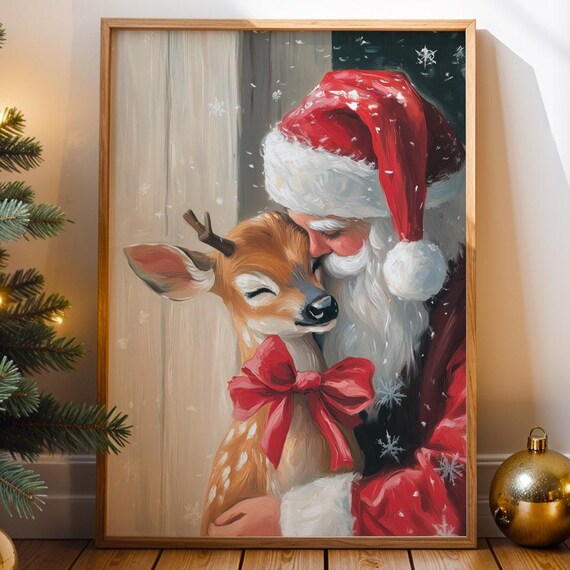 Santa Claus and Reindeer Cozy Christmas Holiday Painting Poster