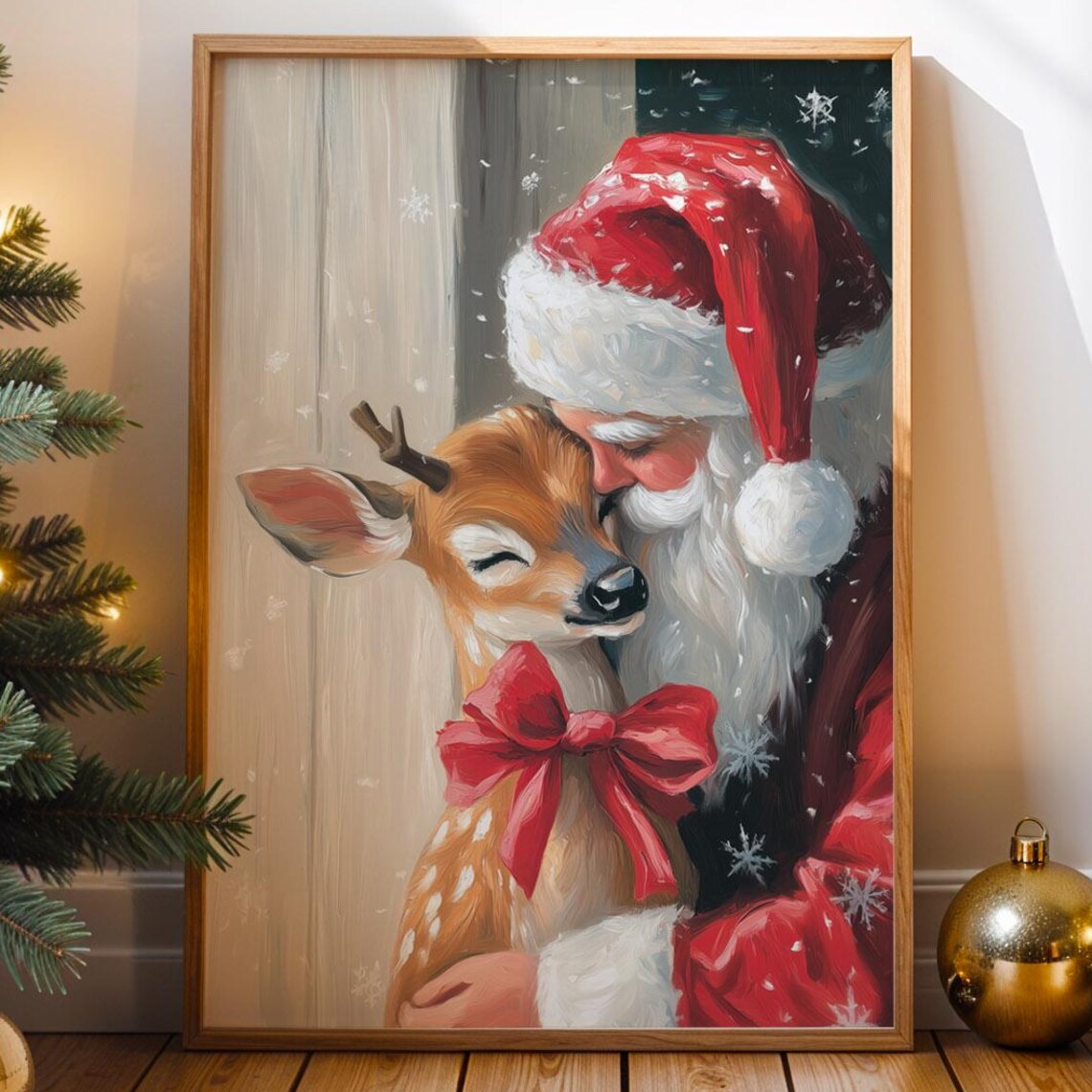 Santa Claus and Reindeer Cozy Christmas Holiday Painting Poster