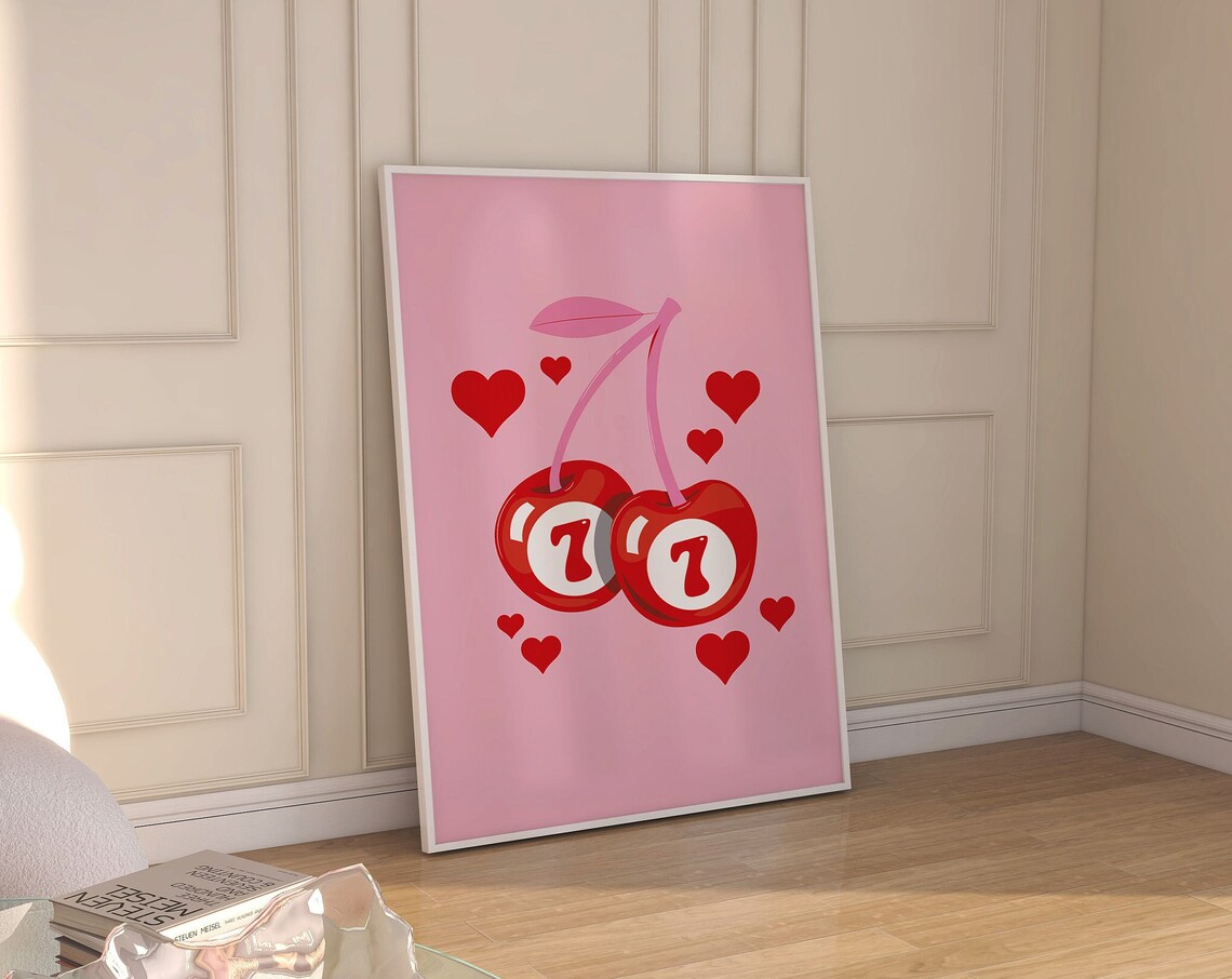Pink And Red Cherry Print, Groovy Retro Poster