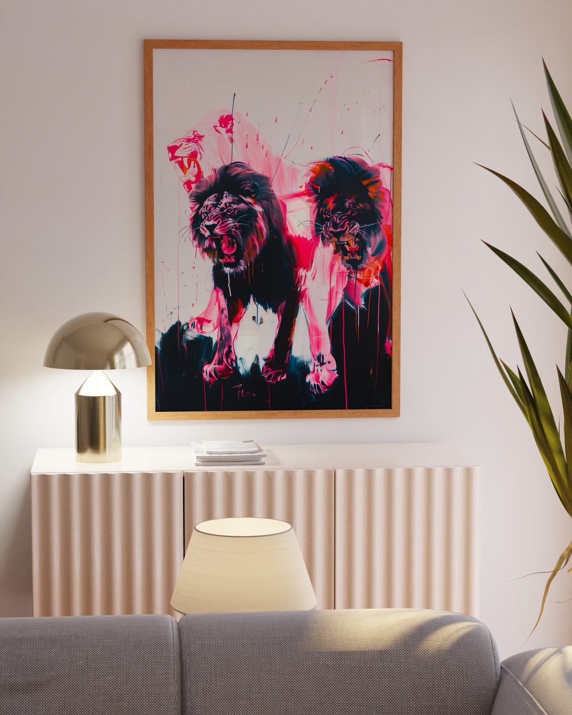 Two Roaring Lions In Neon Pink Expressionist Wildlife Poster - Image 4