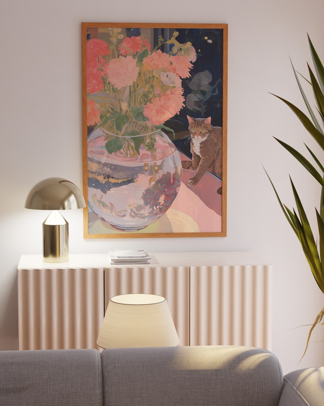 Tabby Cat Beside a Glass Vase of Pink Flowers Night Art Poster - Image 3