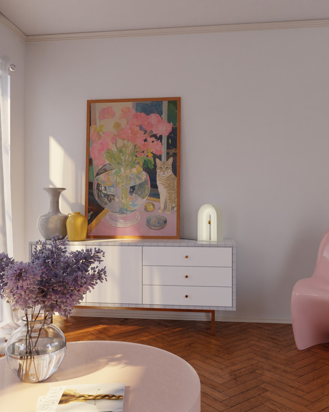 Tabby Cat by a Fishbowl Vase of Pink Peonies Still Life Poster - Image 4
