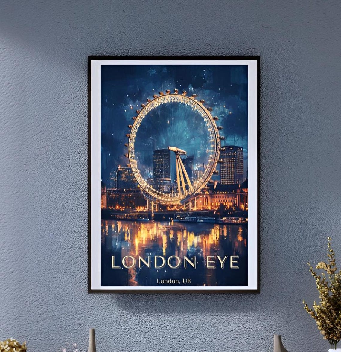 Vintage London Eye London Night View Thames Lights Scene Poster