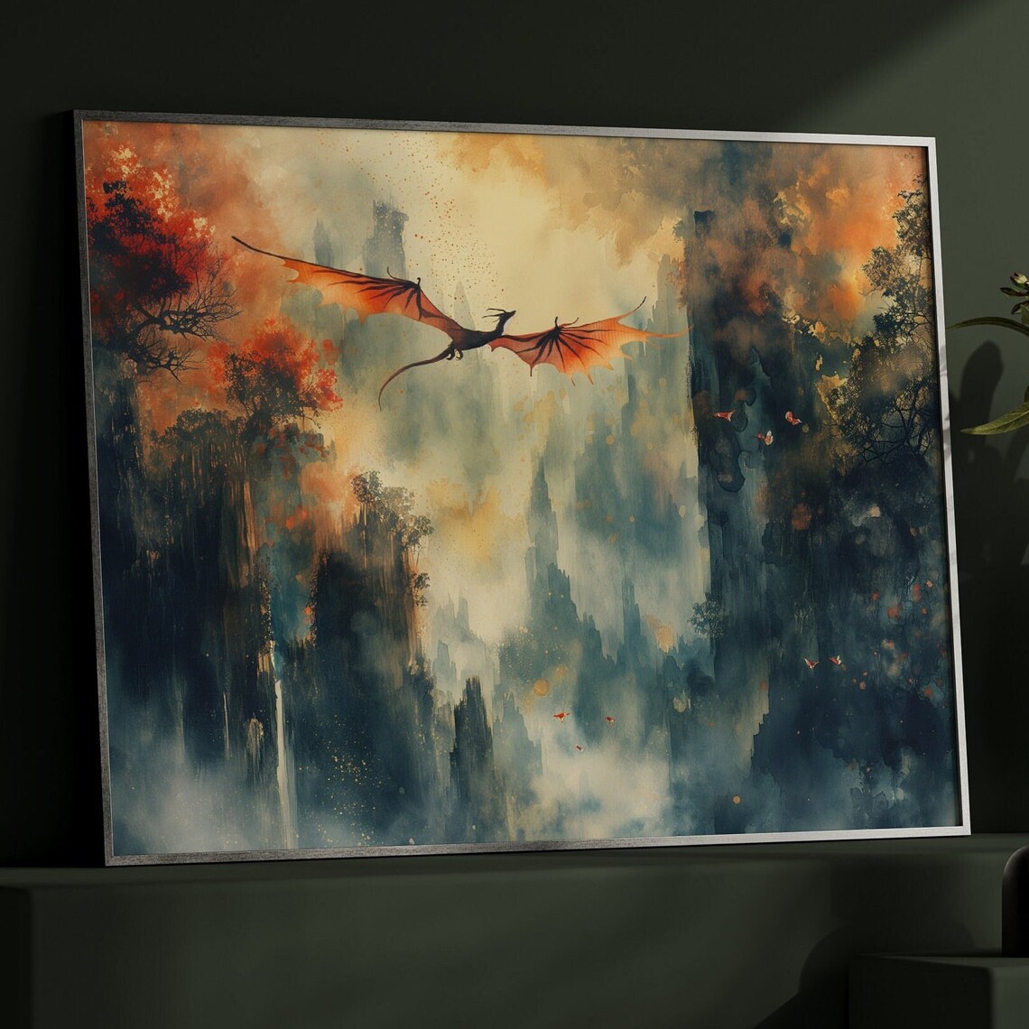 Red Dragon Watercolor Art Print, Dark Academia