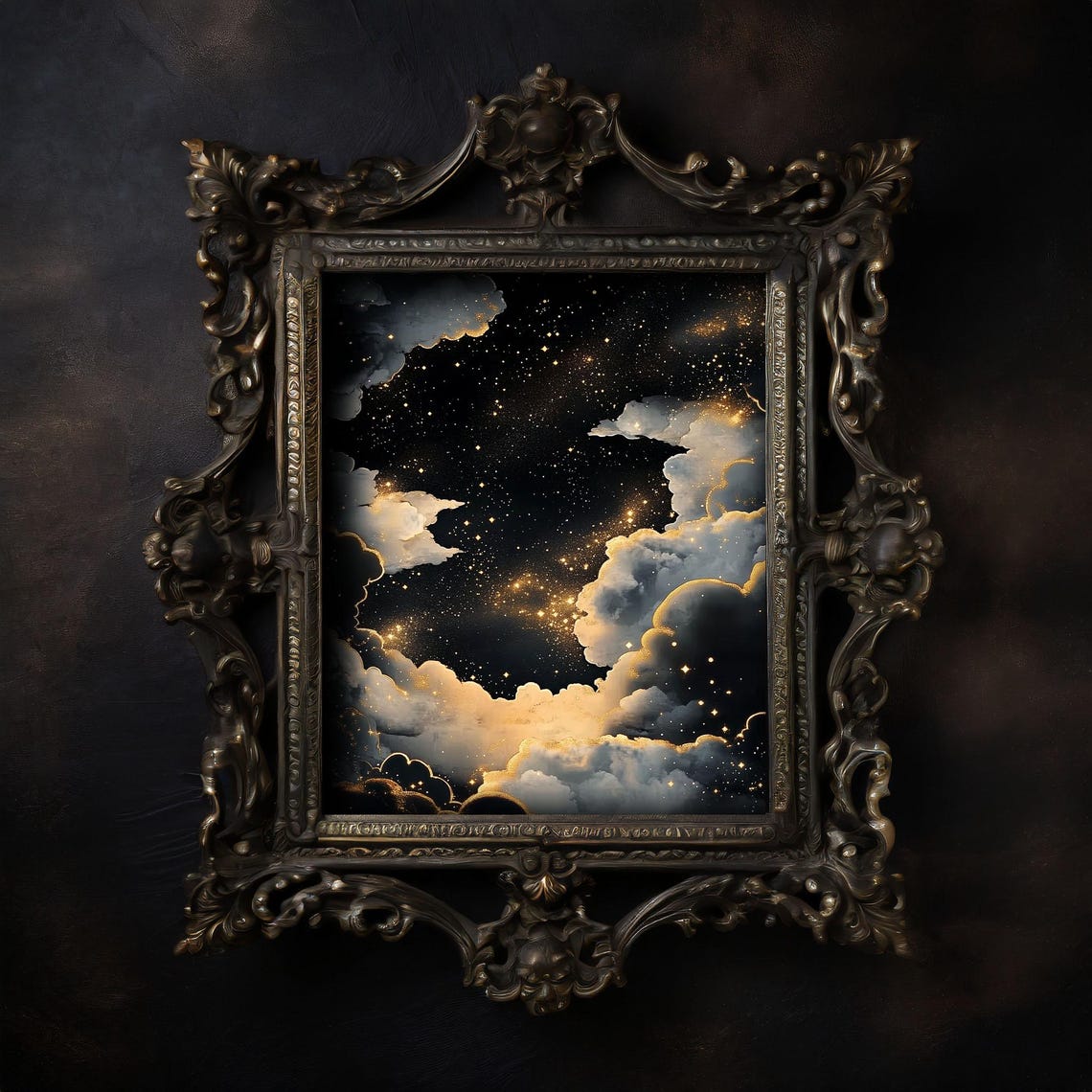 Starry Night Sky Golden Clouds Moody Celestial Artwork Poster