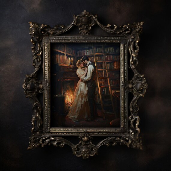 Dark Academia Couple Embrace Candlelit Library Romance Art Poster