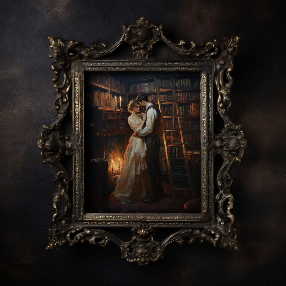 Dark Academia Couple Embrace Candlelit Library Romance Art Poster