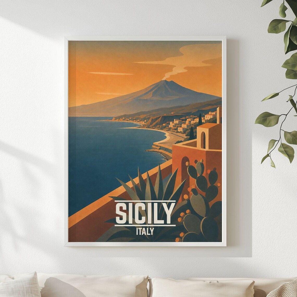 Sicily Italy Vintage Travel Poster, Mount Etna