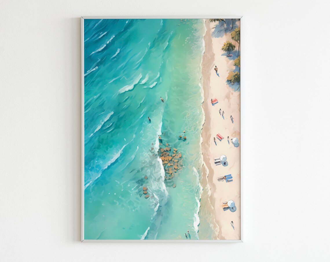 Turquoise Ocean Aerial Beach Painting White Sand Coastal Scene Poster