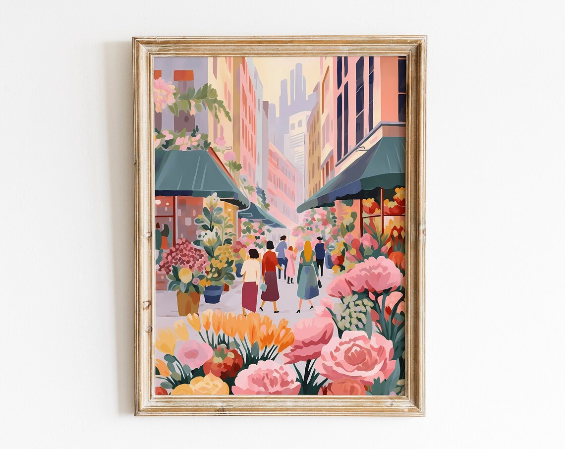 Pink Parisian Flower Market Street Scene Shoppers Art Poster