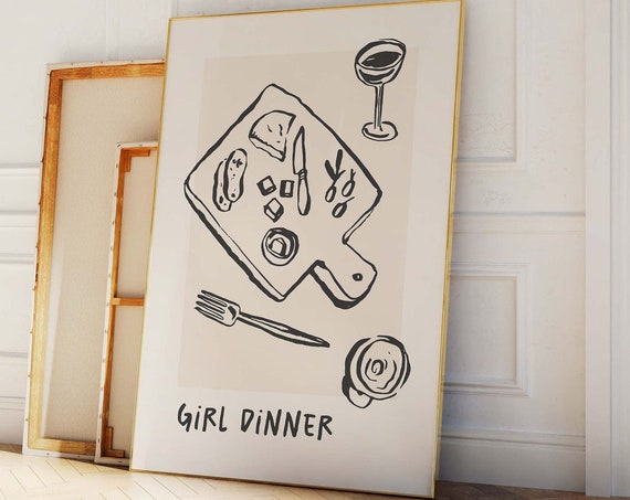 Girl Dinner Print Art Cute Kitchen Wall Art Fun Apartment Decor Trendy Food Print Neutral Wall Art