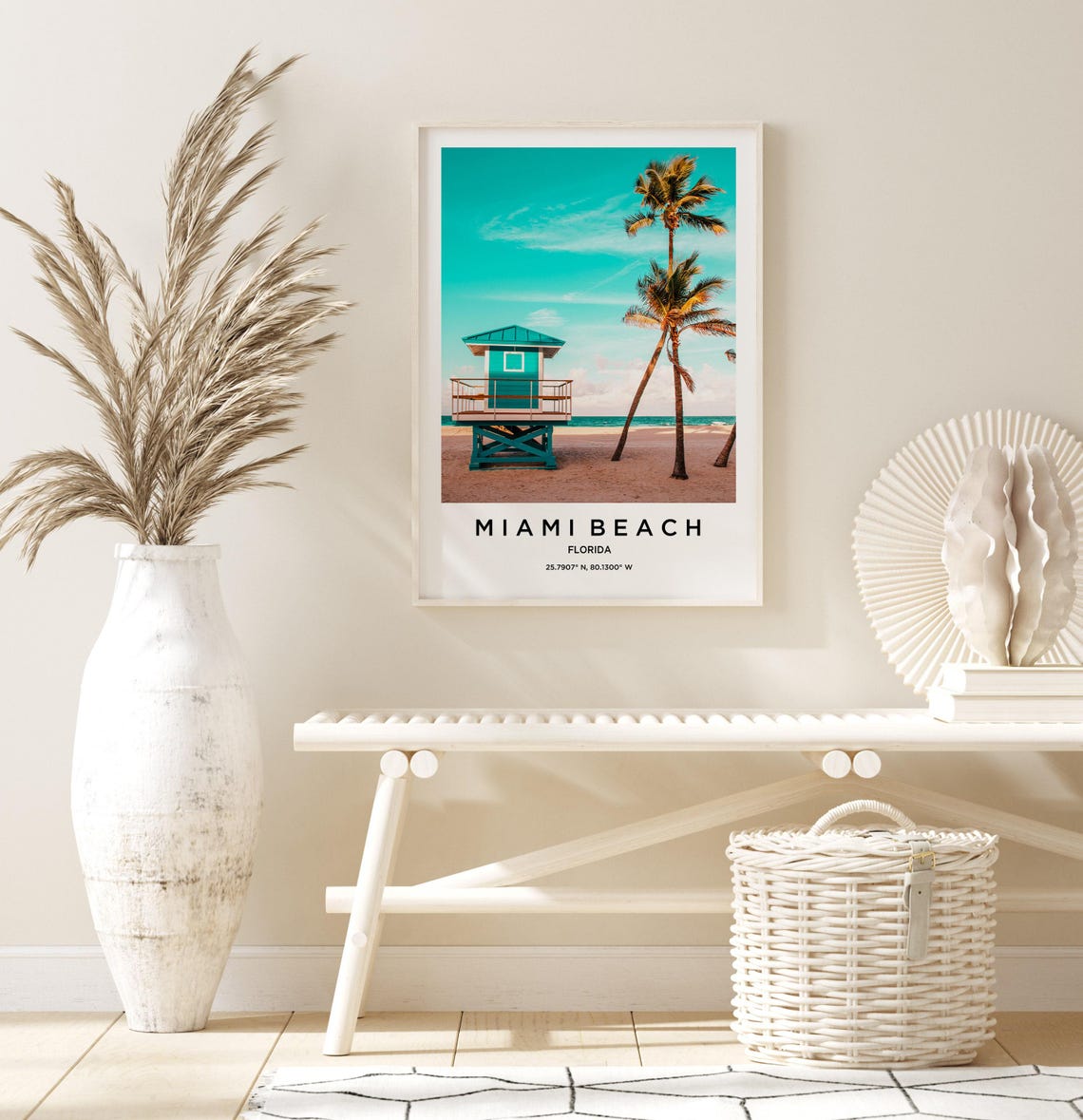 Miami Beach Teal Lifeguard Tower Palm Trees Beach Photo Poster - Image 3