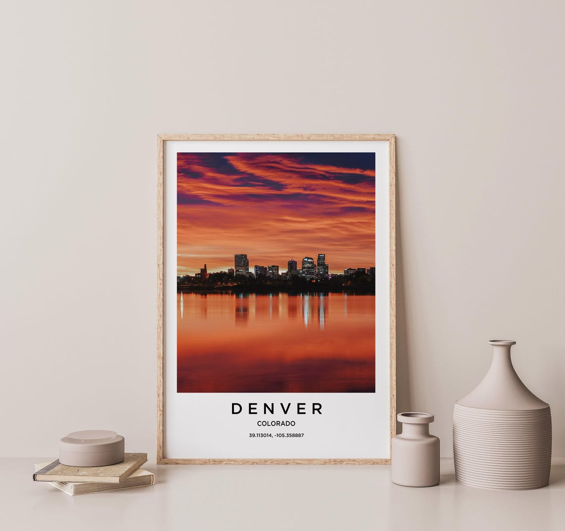 Denver Colorado Fiery Sunset Skyline Water Reflection Photo Poster - Image 2