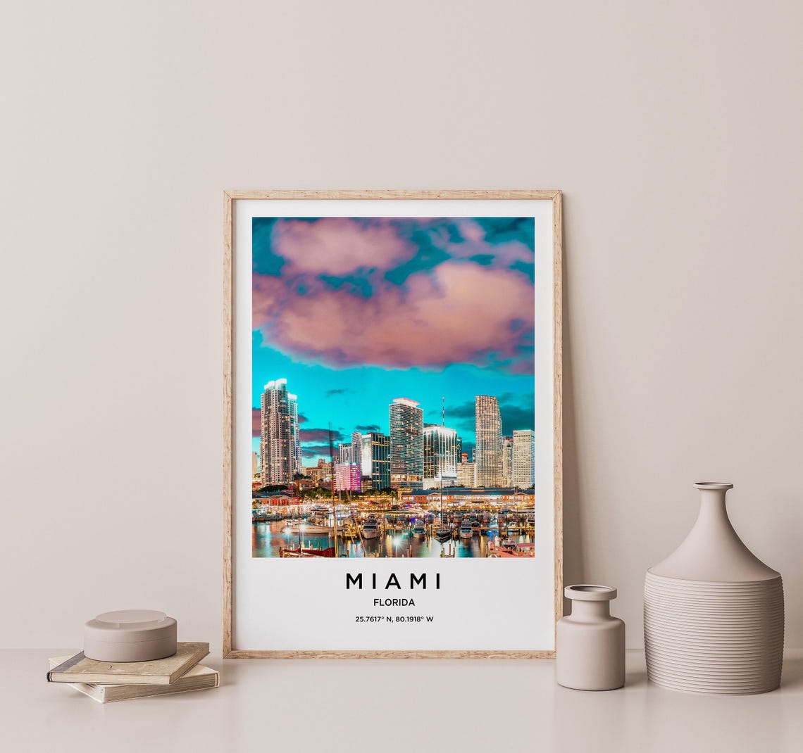 Miami Florida Downtown Skyline Marina Dusk Lights Travel Poster - Image 2