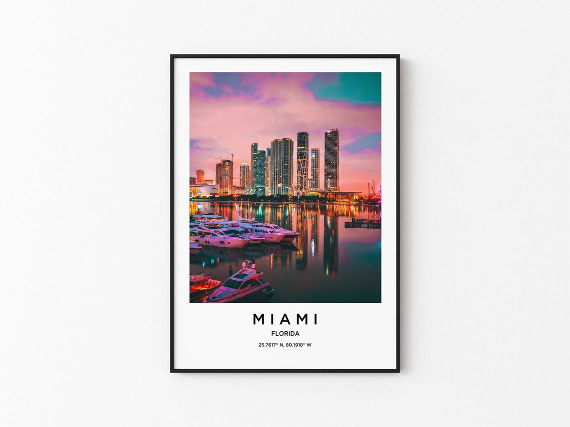 Miami Florida Downtown Skyline Glowing Sunset Marina Travel Poster