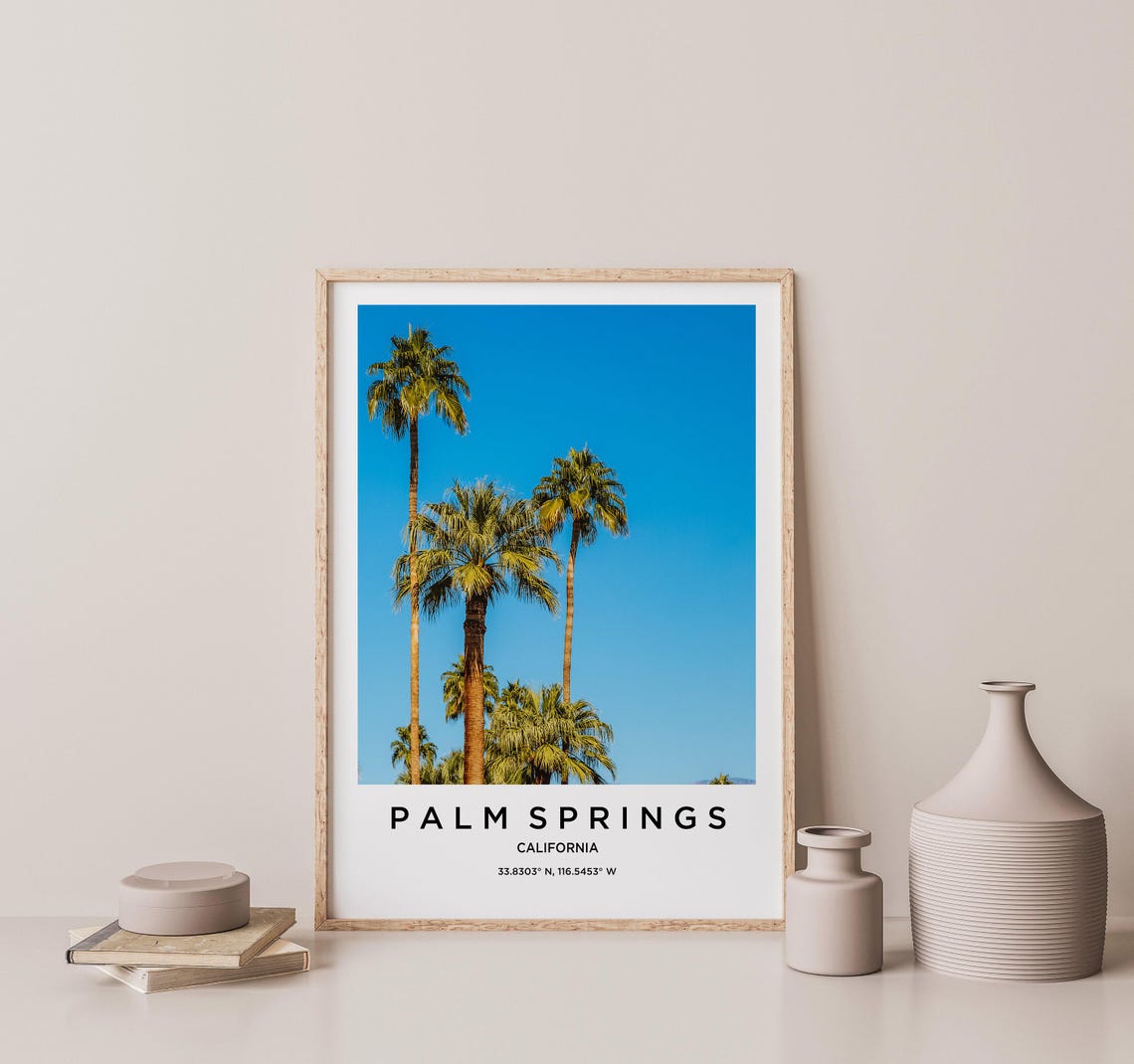 Palm Springs California Tall Palm Trees Under Blue Sky Poster - Image 2