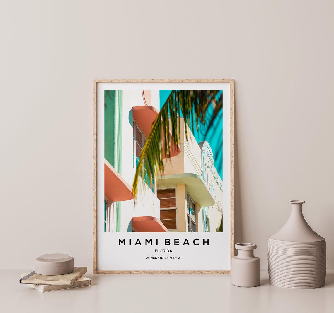 Miami Beach Pastel Art Deco Hotel Facade Palm Frond Photo Poster - Image 2