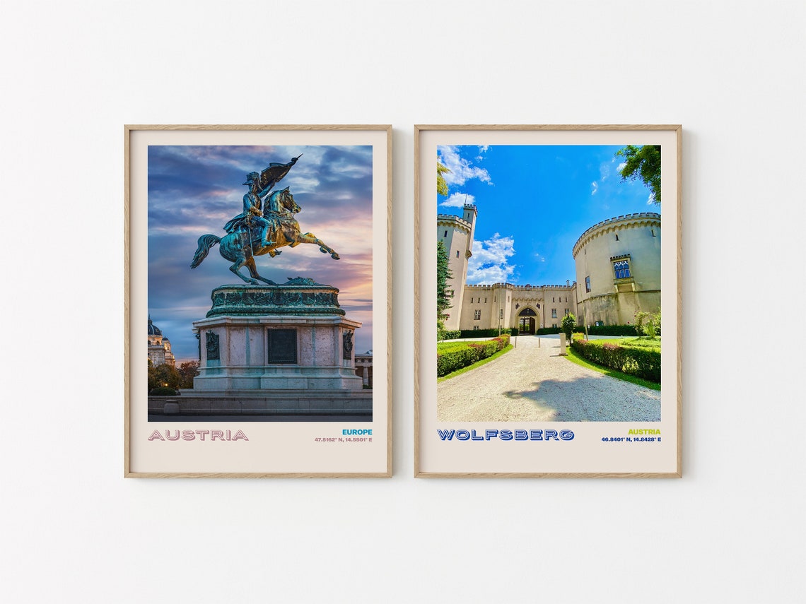 Austria Europe Two Print Set Equestrian Statue and Wolfsberg Castle
