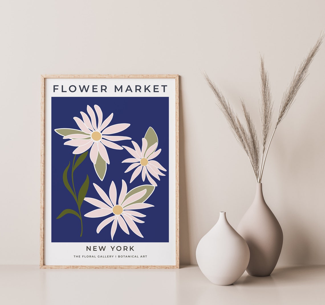 Flower Market New York Navy Daisy Modern Botanical Art Print - Image 3