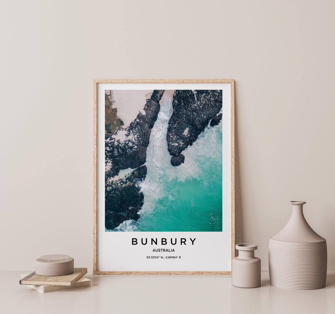 Bunbury Australia Aerial Turquoise Waves Crashing on Dark Rocks Poster - Image 2