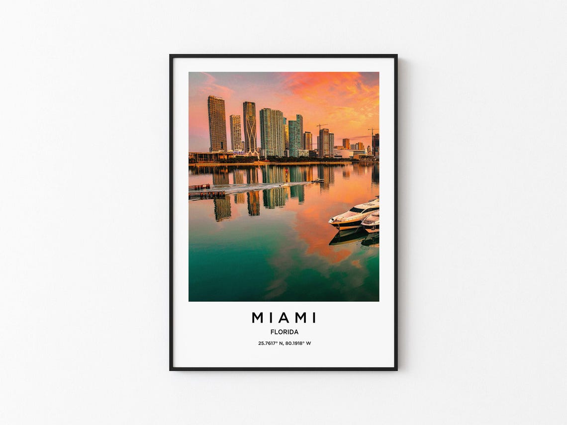 Miami Florida Downtown Skyline Sunset Reflection Waterfront Poster