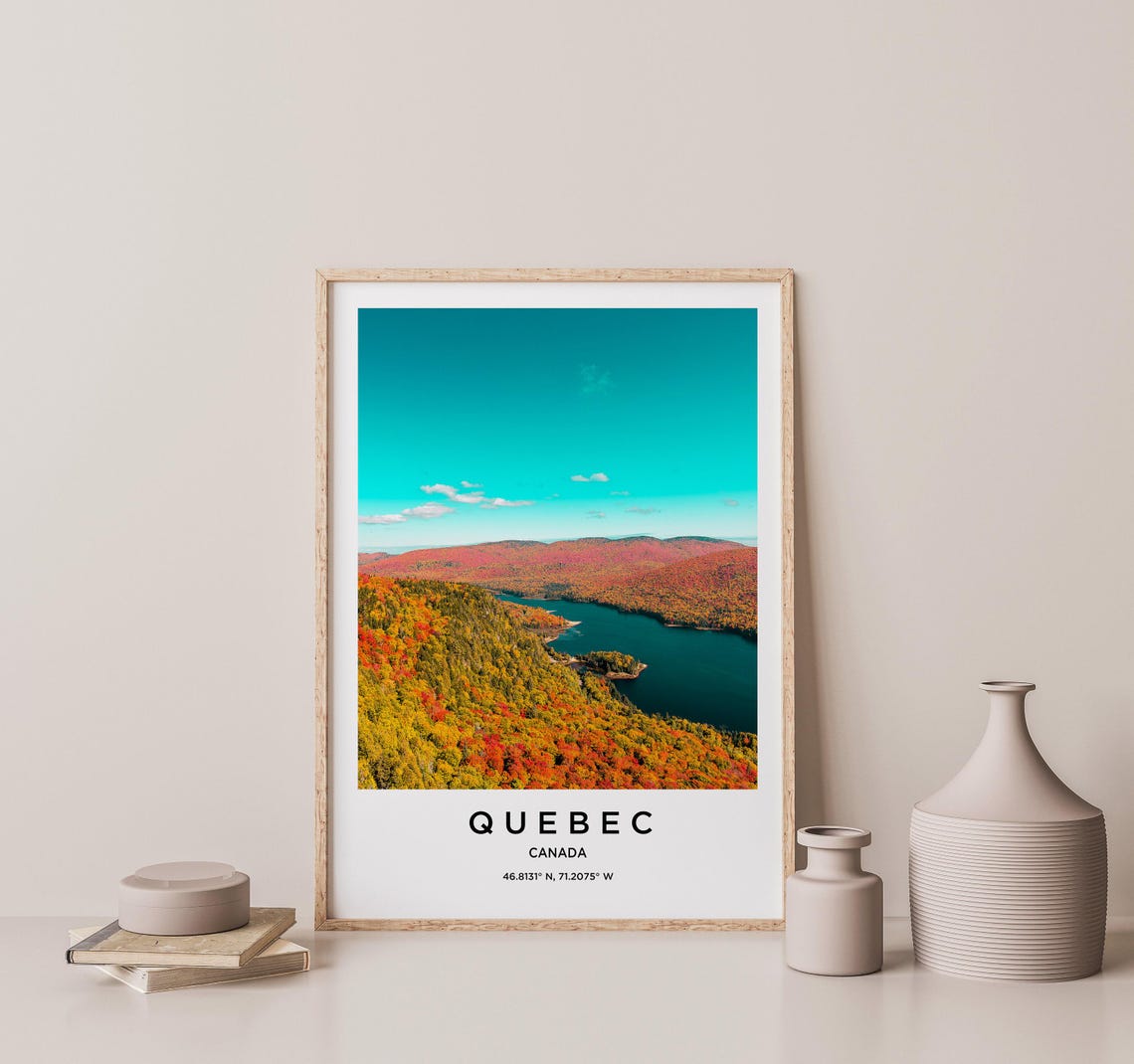 Quebec Canada Vivid Autumn Foliage Lake Aerial Travel Poster - Image 2