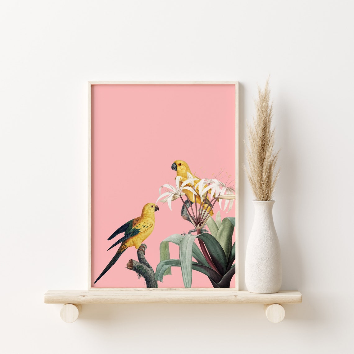 Vintage Yellow Parrots with White Flowers on Pink Art Poster - Image 2