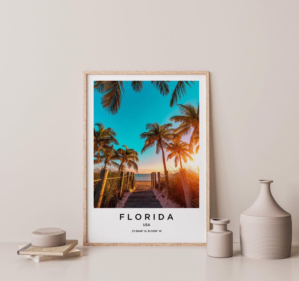 Florida Beach Boardwalk Palm Trees Golden Sunset Travel Poster - Image 2