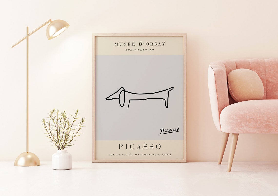 Picasso The Dachshund Minimalist Single Line Drawing Grey Poster - Image 2