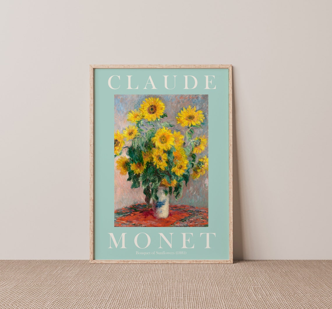 Claude Monet Bouquet of Sunflowers 1881 Mint Green Border Poster
