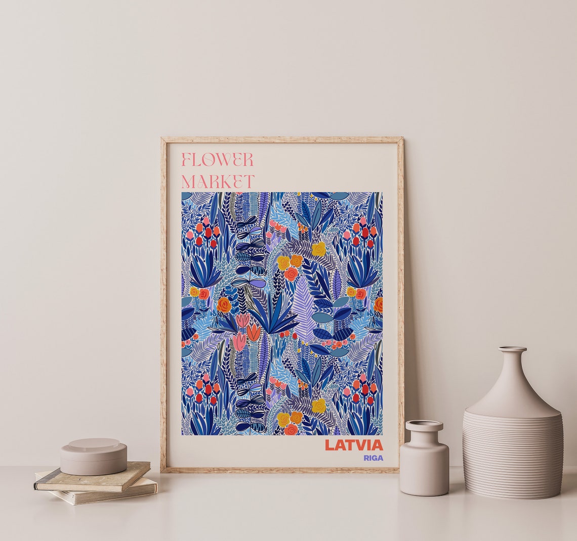 Latvia Flower Market Poster Riga Deep Blue Botanical Artwork - Image 3