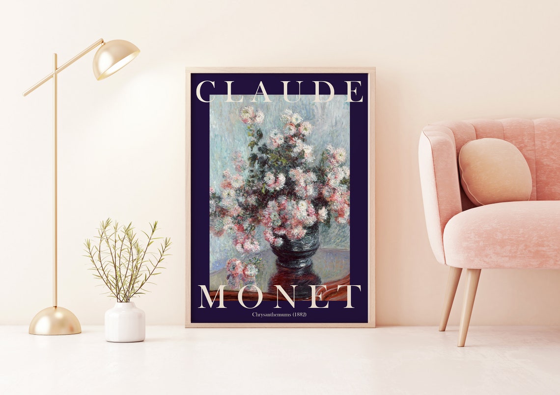 Claude Monet Chrysanthemums 1882 Floral Still Life Navy Poster - Image 2