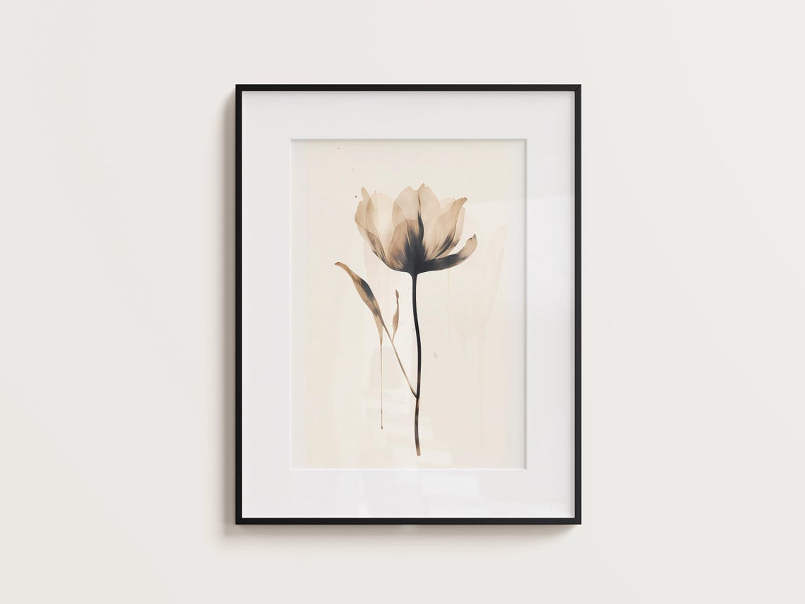 Single Beige Tulip Black Watercolor Minimalist Flower Poster - Image 3