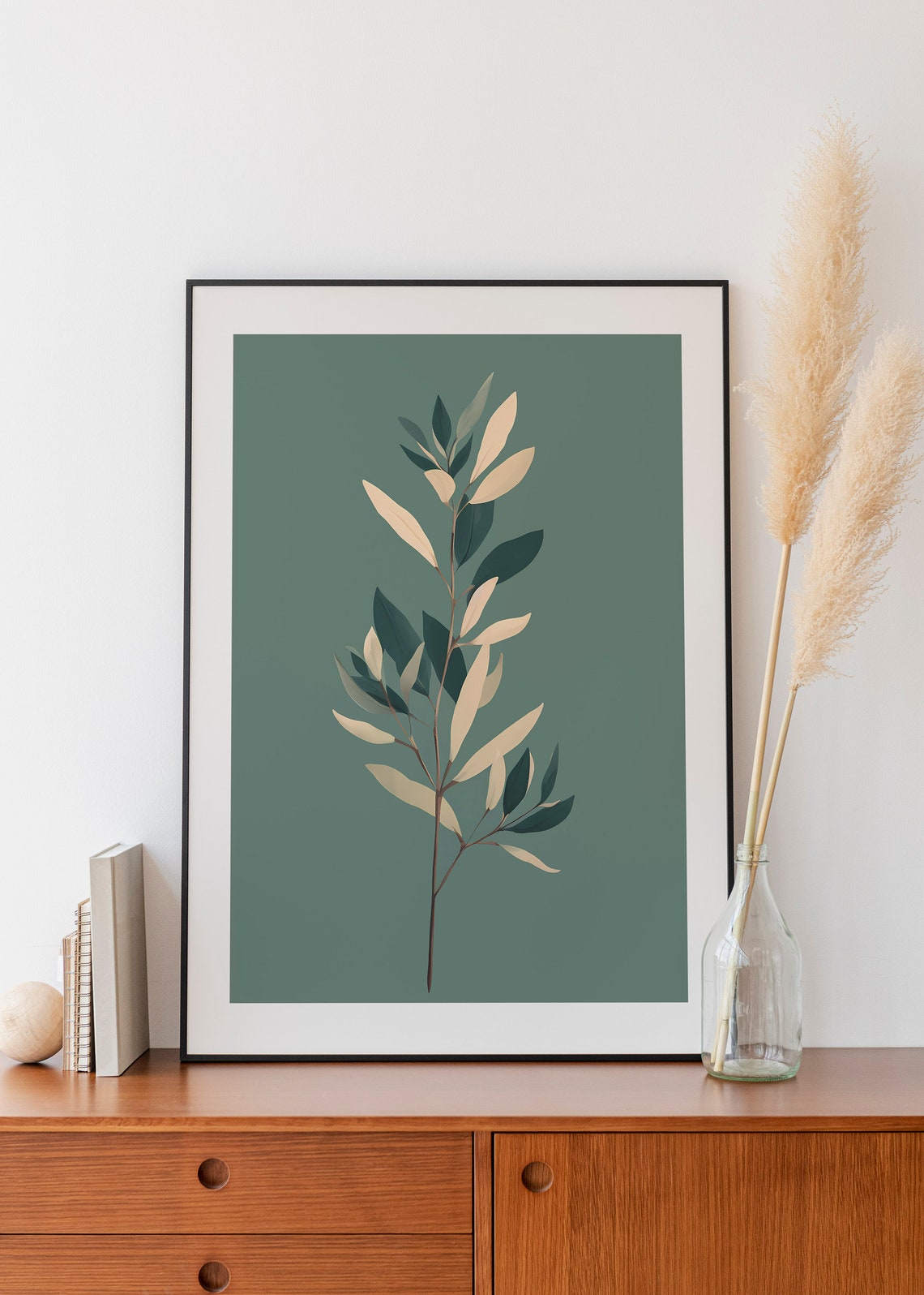 Sage Green Minimalist Botanical Branch Cream Leaves Art Poster - Image 2