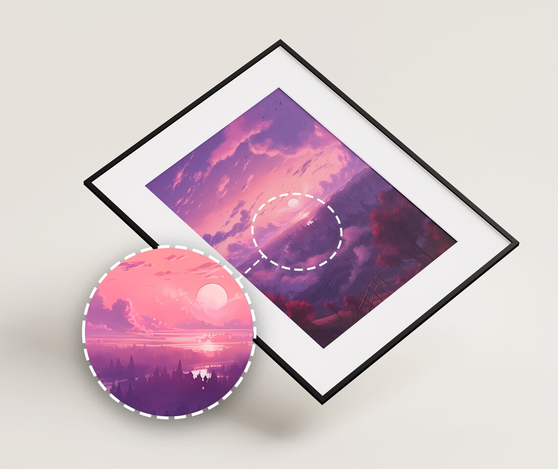 Purple Pink Pastel Sunset Over Misty Forest Lake Anime Poster - Image 2