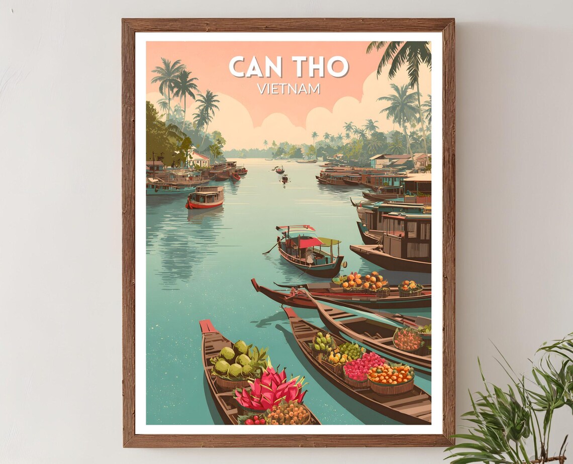 Can Tho Vietnam Floating Market Boats Retro Travel Poster Art