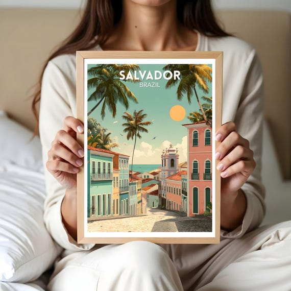 Salvador Brazil Retro Travel Poster Mid Century Modern Wall Art Print Vintage Coastal Cityscape Decor Tropical Home