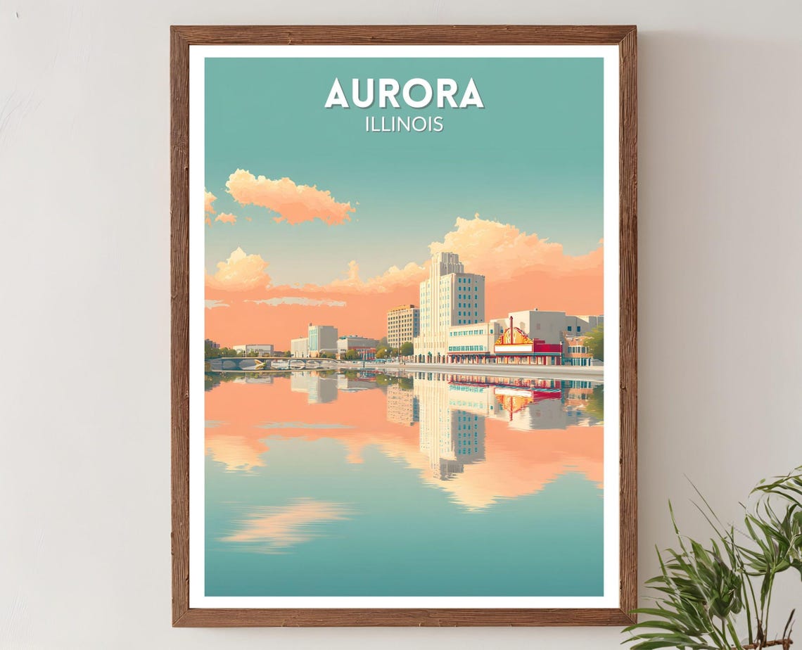 Aurora Illinois Peach Sunset River Skyline Retro Travel Poster