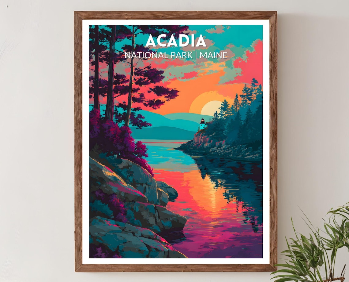 Acadia National Park Maine Travel Poster, Coastal Landscape