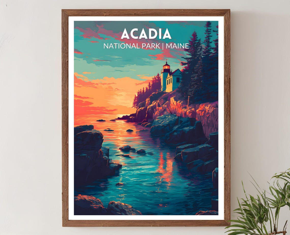Acadia National Park Maine Lighthouse Sunset Retro Travel Poster