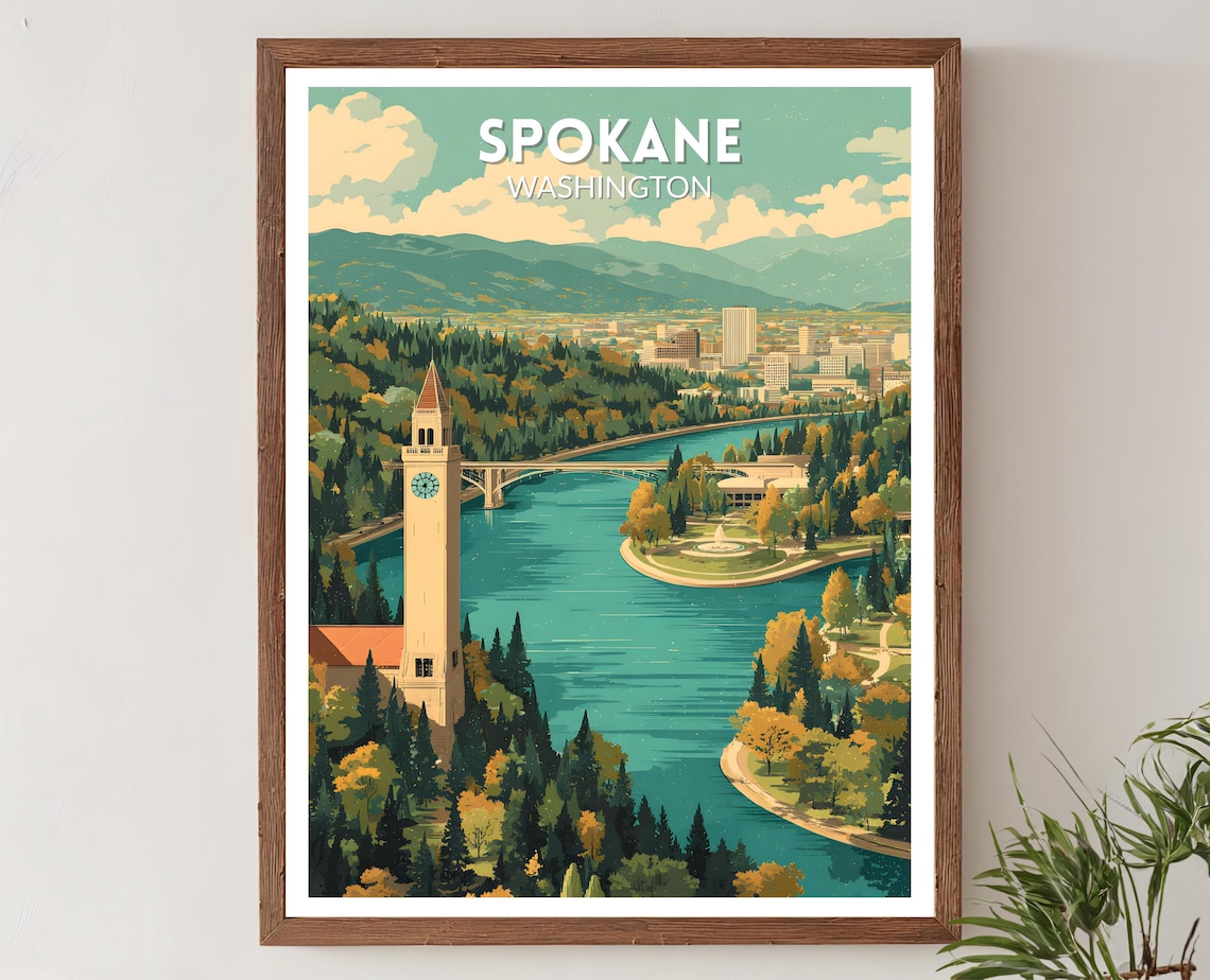 Spokane Washington Retro Travel Poster, Mid-Century