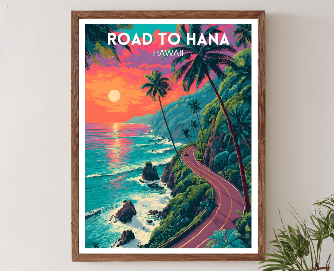 Road To Hana Hawaii Vibrant Coastal Sunset Retro Travel Poster